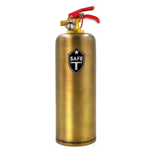 Eleganter Feuerlöscher aus Messing mit rotem Griff auf weißem Hintergrund