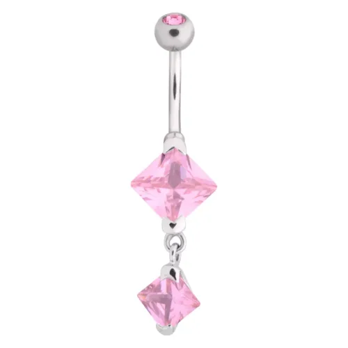 Silbernes Bauchnabelpiercing mit zwei rosa Kristallen auf weißem Hintergrund
