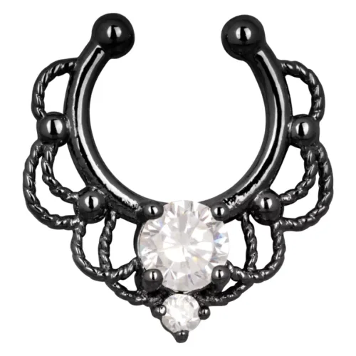 Schwarzes Fake Septum Piercing mit klaren Kristallen auf weißem Hintergrund