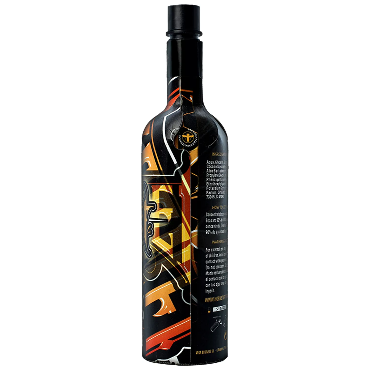 Hornet Honey Soap in 750 ml Flasche Schwarze Flasche Hornet Honey Soap mit buntem Design auf weißem Hintergrund