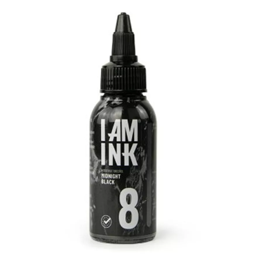 I AM INK Tattoo Tinte Midnight Black 50ml Schwarze I AM INK Flasche mit 50ml Midnight Black Tinte auf weißem Hintergrund