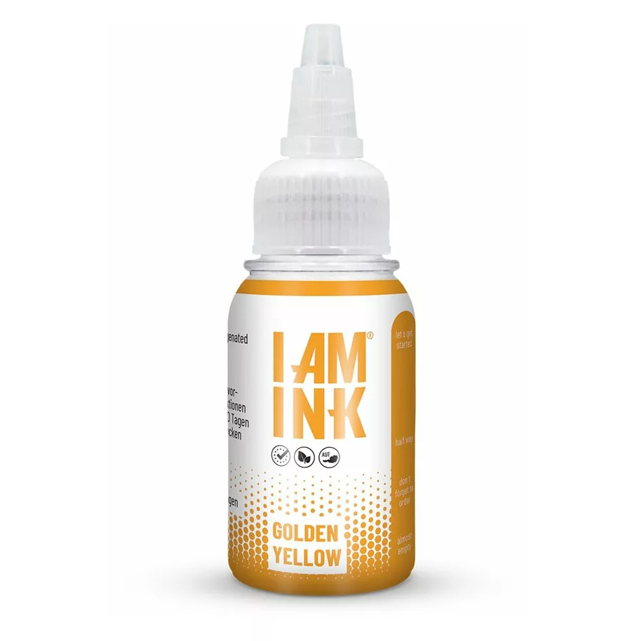 Tattoo Farbe Golden Yellow 30 ml von I AM INK Tattoo Farbe in orangem Fläschchen mit weißem Deckel auf weißem Hintergrund
