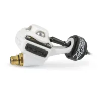 Weiße Flite Nano Elite Tattoomaschine aus Aluminium mit schwarzem Griff auf weißem Hintergrund