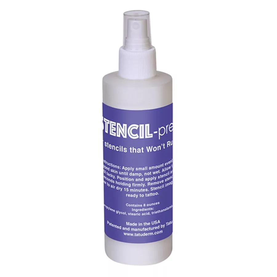 Stencil Prep Sprayflasche 250ml von Inkjet Weiße Stencil Prep Sprayflasche 250ml mit blauem Etikett auf weißem Hintergrund