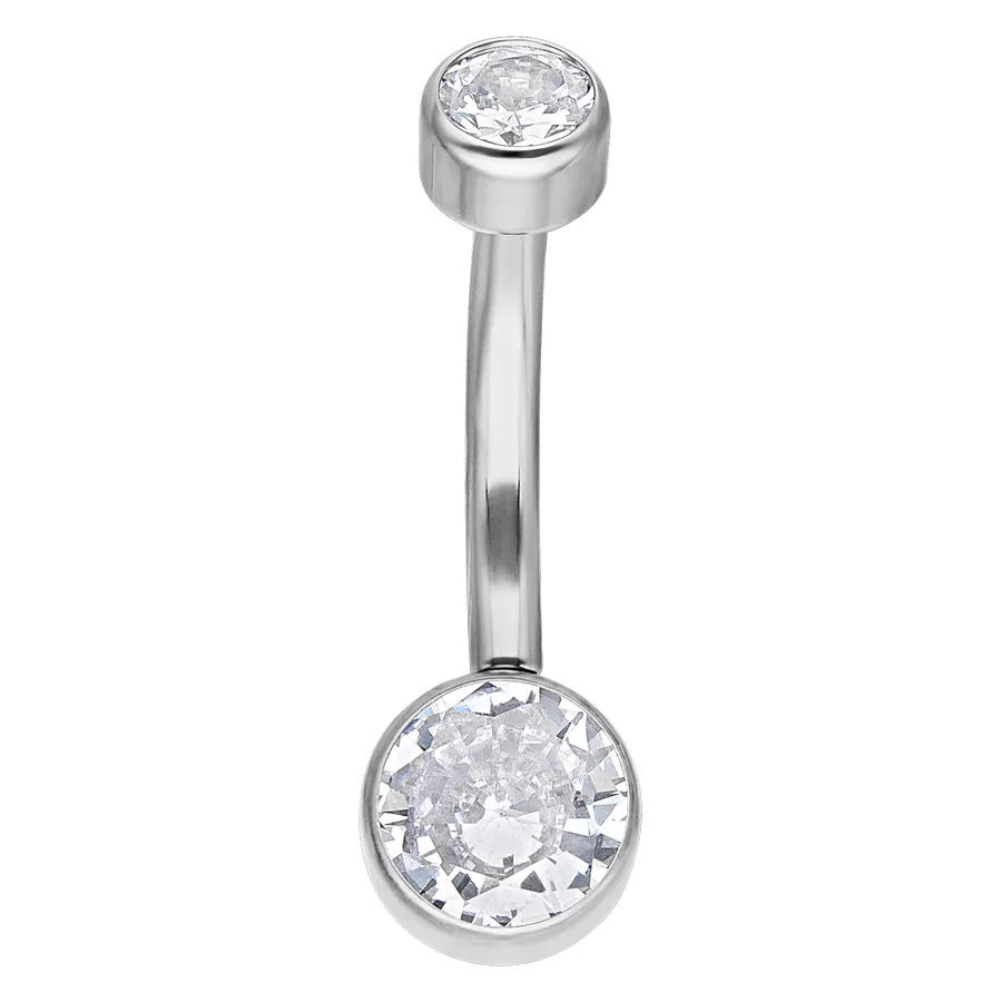 Fiona Bananabell in Silber mit Kristallstein Silbernes Bananabell Piercing mit zwei klaren Kristallsteinen auf weißem Hintergrund