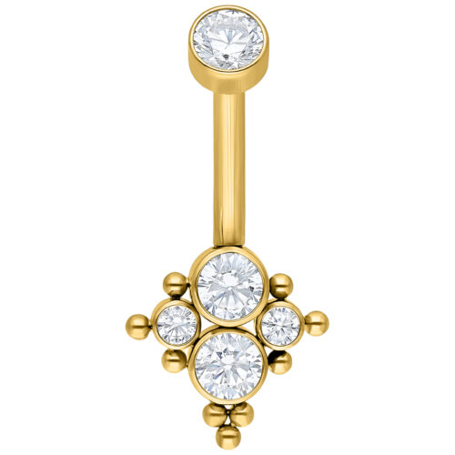 Goldenes Bauchnabelpiercing mit klaren Kristallen auf weißem Hintergrund