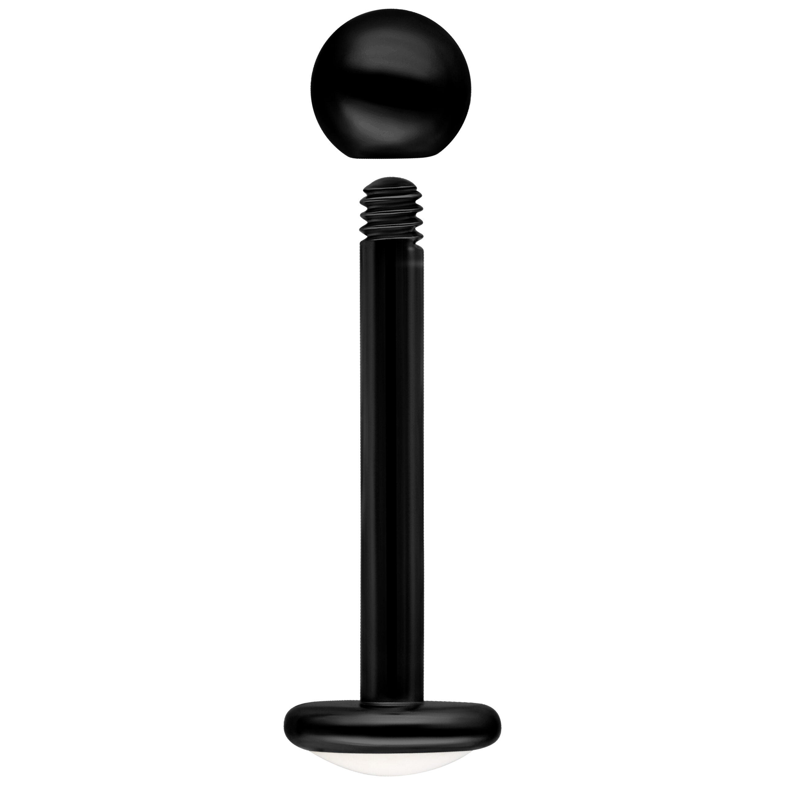 Schwarzes Titan Labret mit Außengewinde, Kugel und flache Platte auf weißem Hintergrund
