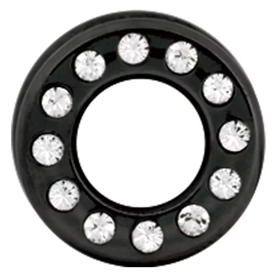 Schwarzer Titan-Tunnel mit klaren Kristallen, 3,0 mm Schwarzer runder Titan-Tunnel mit kristallklaren Steinen auf weißem Hintergrund