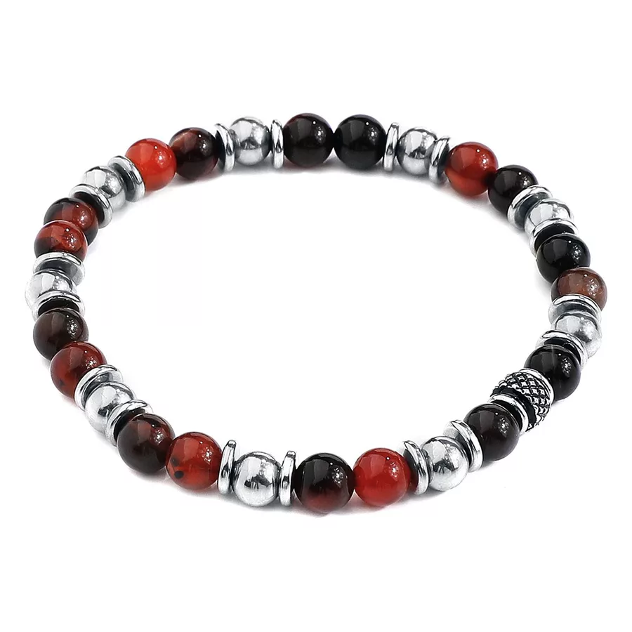 Heartbroken Armband aus Chirurgenstahl Armband aus rot-schwarzen Steinen und silbernem Chirurgenstahl auf weißem Hintergrund