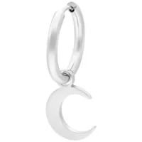 Silberfarbene Little Moonchild Hoops Ohrringe Silberfarbener Ohrring mit Mondanhänger auf weißem Hintergrund