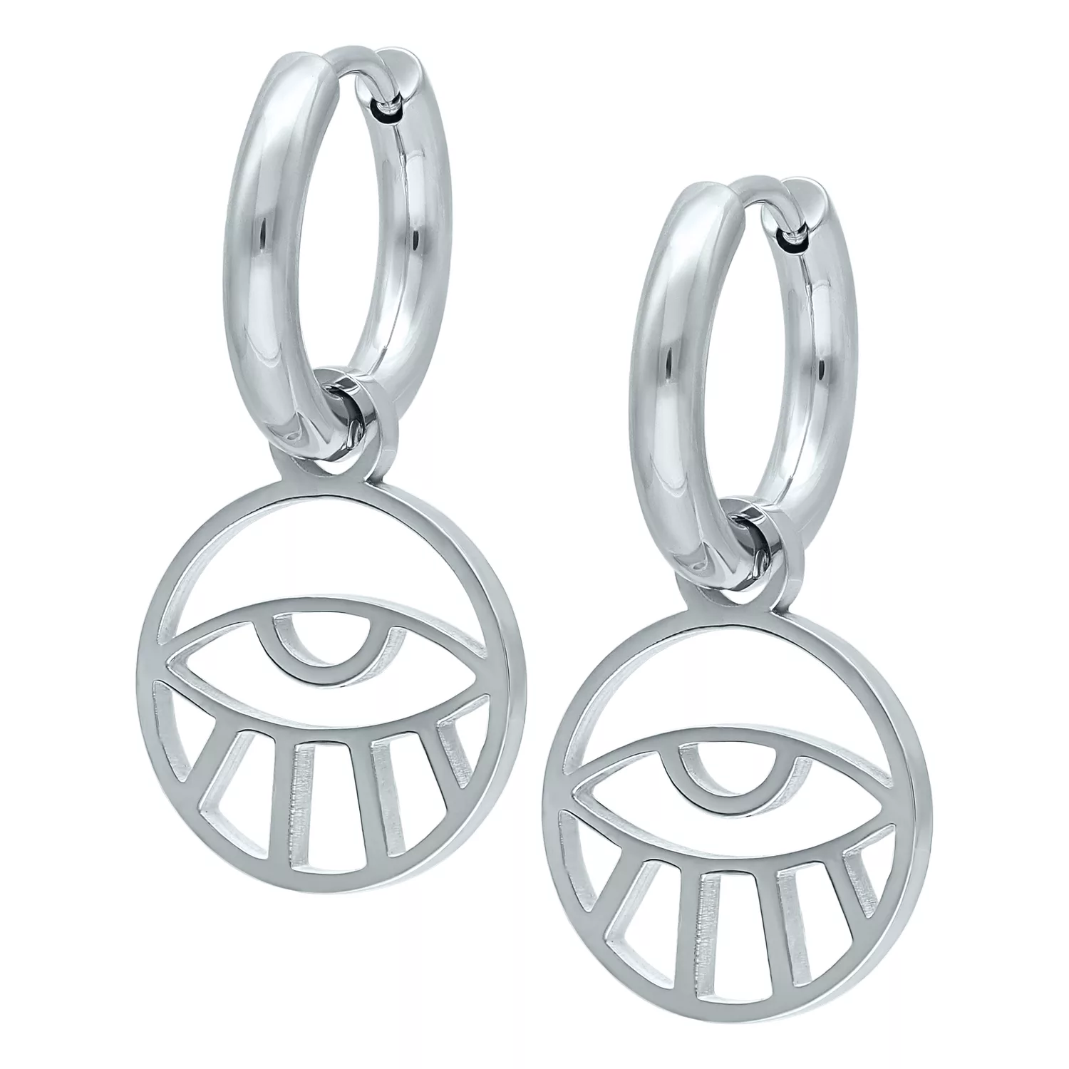 Silberne Ohrhänger mit Auge-Motiv Silberne Creolen aus Chirurgenstahl mit Auge-Anhänger, glänzend