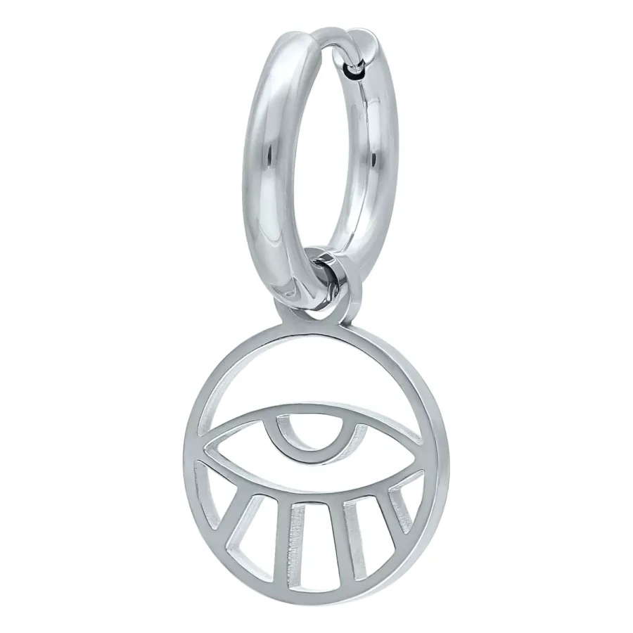 Silberne Ohrringe mit Auge-Motiv auf weißem Hintergrund