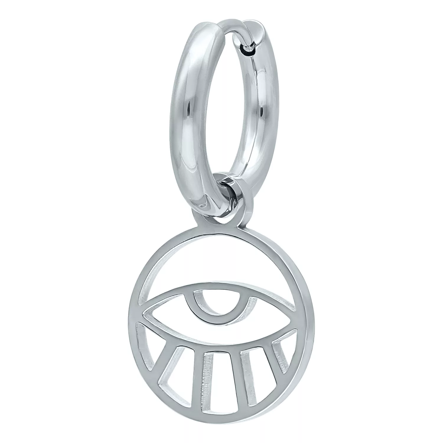 Silberne Little Eye Hoops Ohrringe Silberne Ohrringe mit Auge-Motiv auf weißem Hintergrund