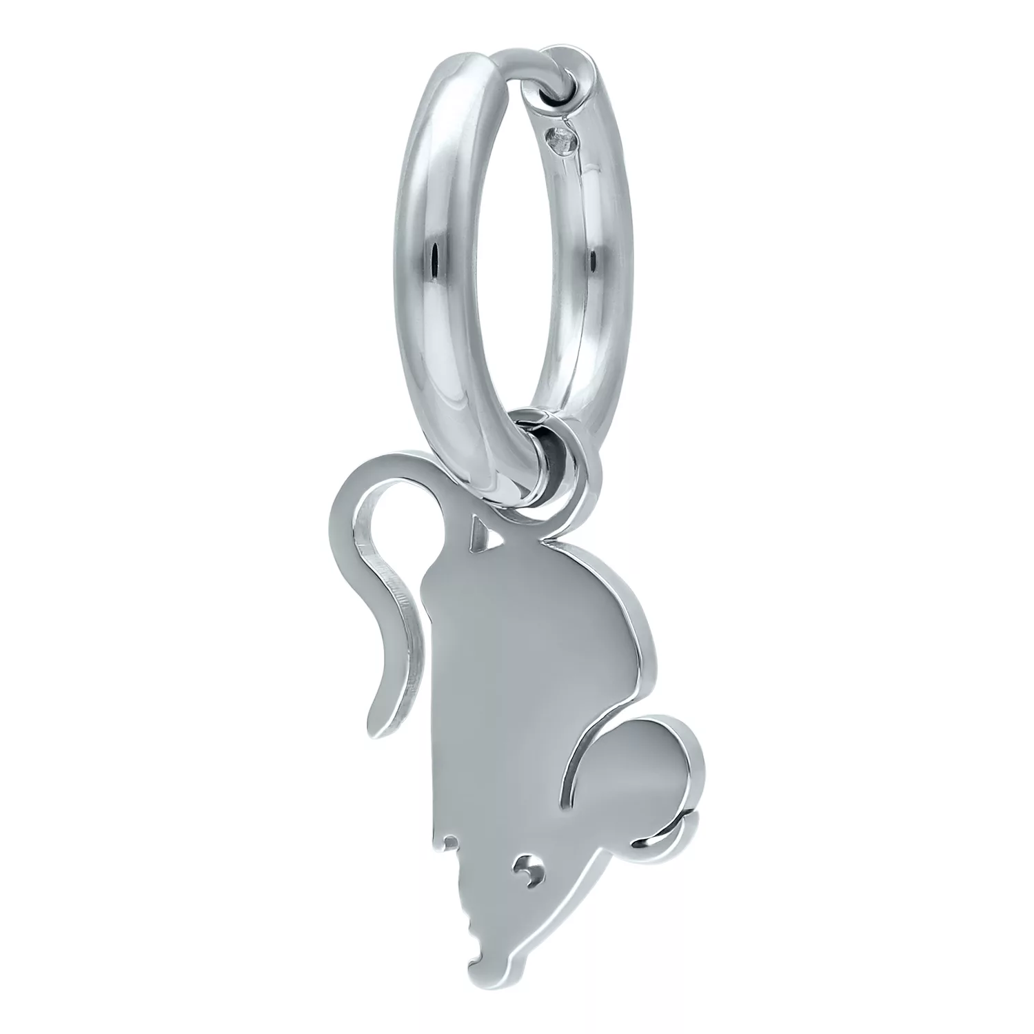 Silberne Ohrringe mit Maus-Anhänger Silberne Creolen mit einem glatten Maus-Anhänger aus Chirurgenstahl