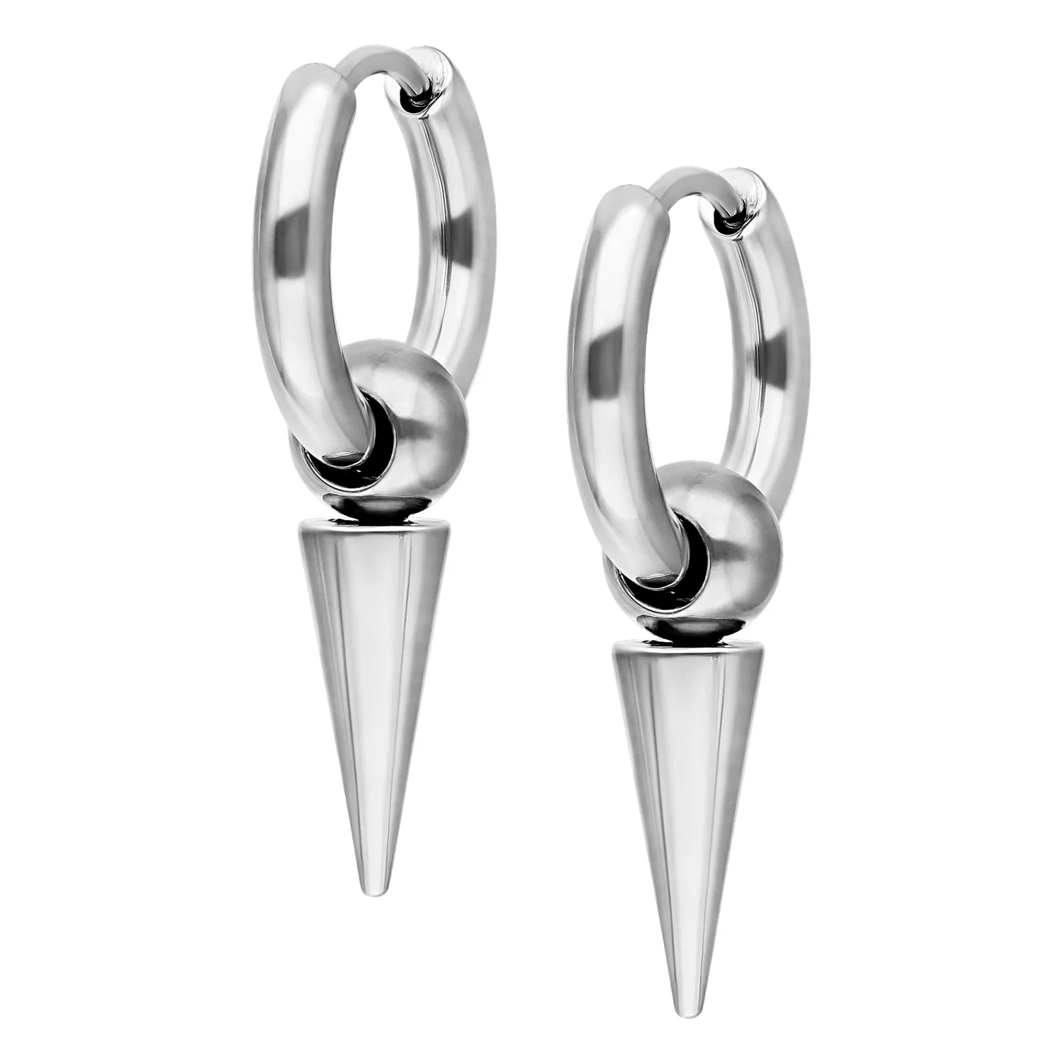 Silberne Spike Creolen aus Chirurgenstahl Silberne Creolen mit langen Spikes aus Chirurgenstahl vor weißem Hintergrund
