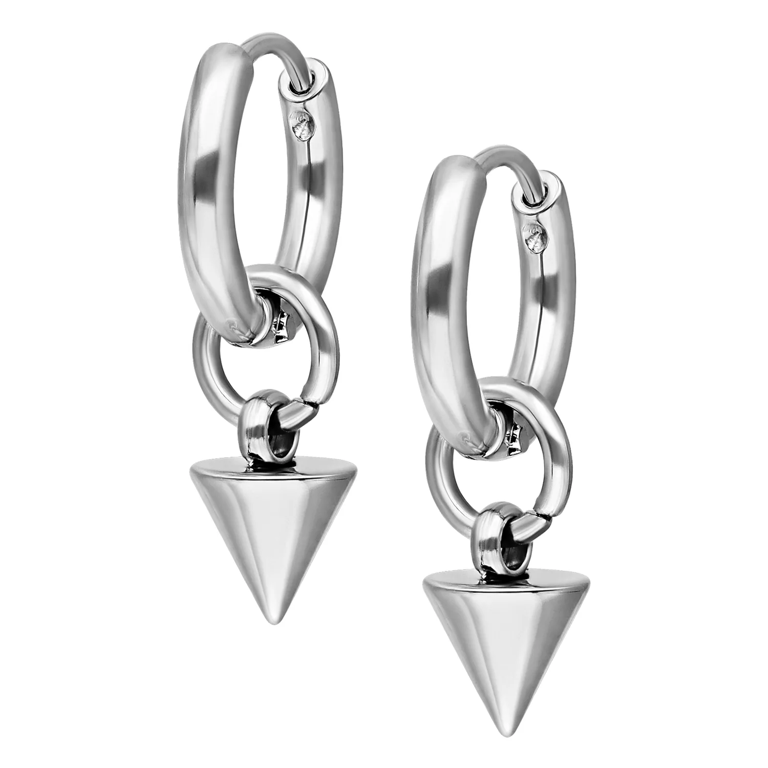 Silberne Little Short Spike Hoops Silberne Creolen mit spitzen Anhängern auf weißem Hintergrund