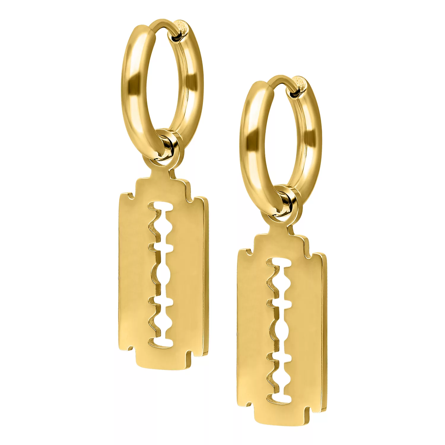 Goldene Ohrringe mit Rasierklingenanhänger auf weißem Hintergrund
