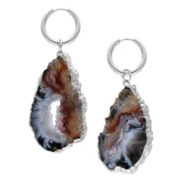 Zwei silberne Ohrringe mit großen, natürlichen Indian Agate Steinen auf weißem Hintergrund