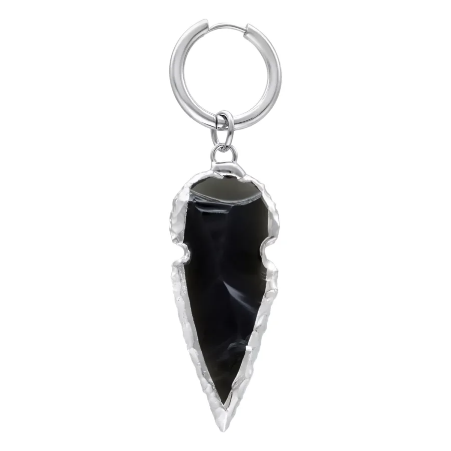 Silberne Mini Creolen mit schwarzem Obsidiananhänger auf weißem Hintergrund