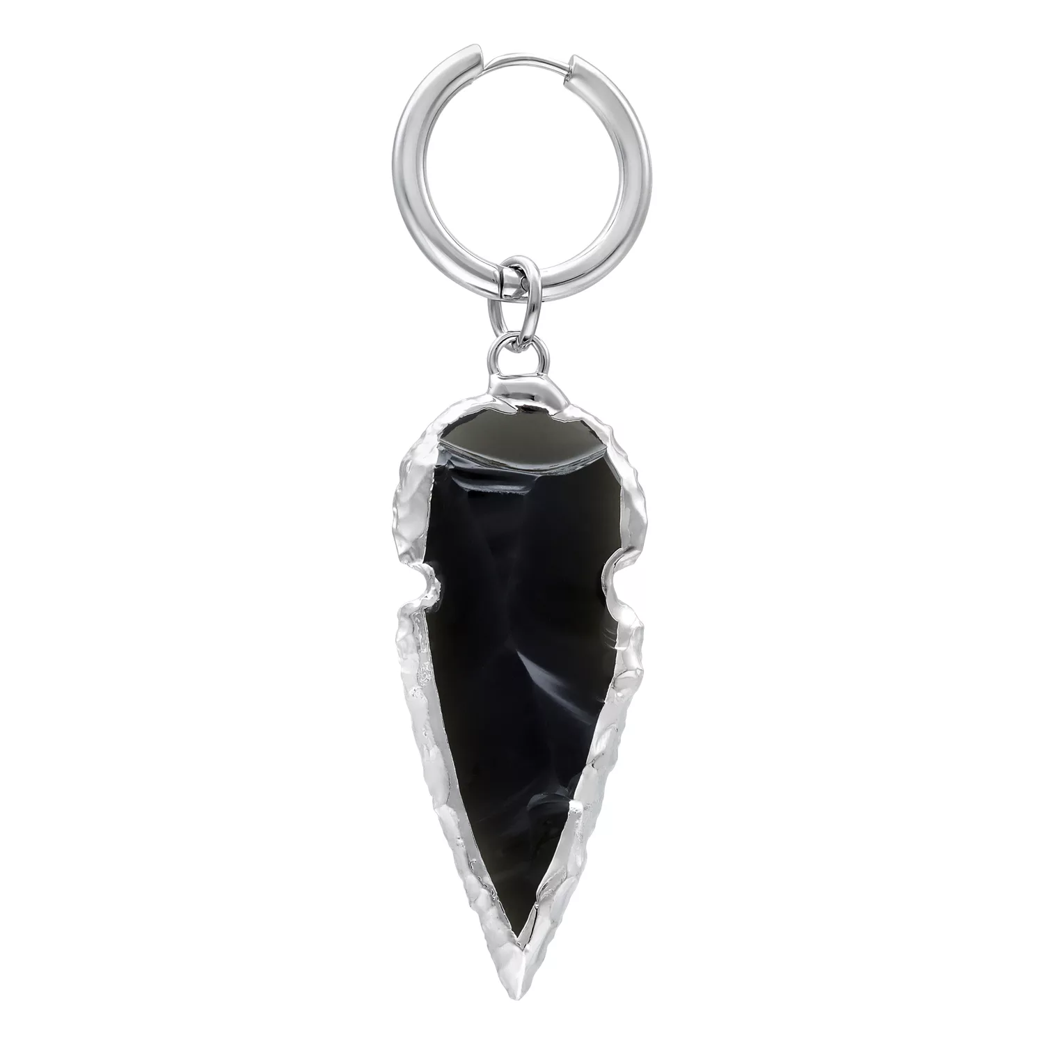 Silberne Mini Creolen mit schwarzem Obsidiananhänger auf weißem Hintergrund
