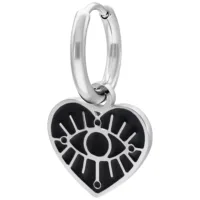 Silberne Little Soulmate Hoops mit Herz-Anhänger Silberne Ohrringe mit Herz-Anhänger und Auge-Design auf weißem Hintergrund