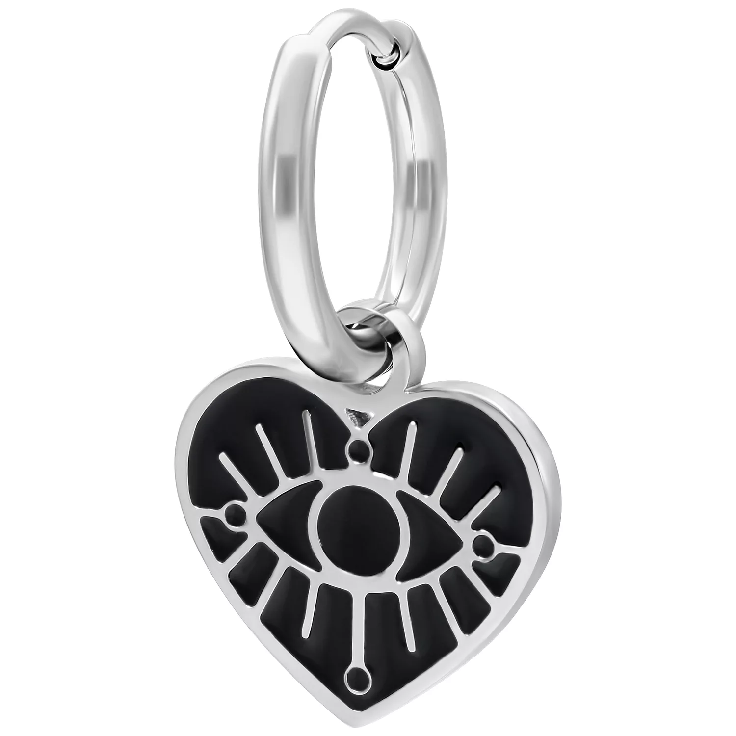 Silberne Little Soulmate Hoops mit Herz-Anhänger Silberne Ohrringe mit Herz-Anhänger und Auge-Design auf weißem Hintergrund