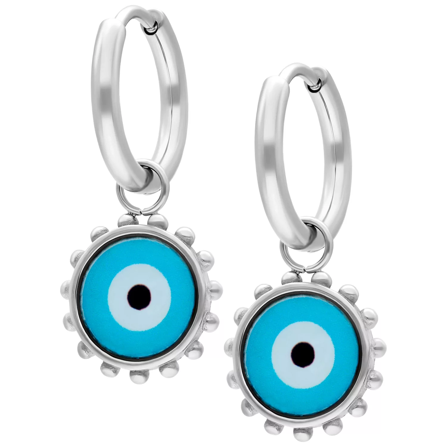 Silberne Nazar Eye Hoops mit blauem Design Zwei silberne Ohrringe mit blauem Nazar-Augen-Motiv auf weißem Hintergrund