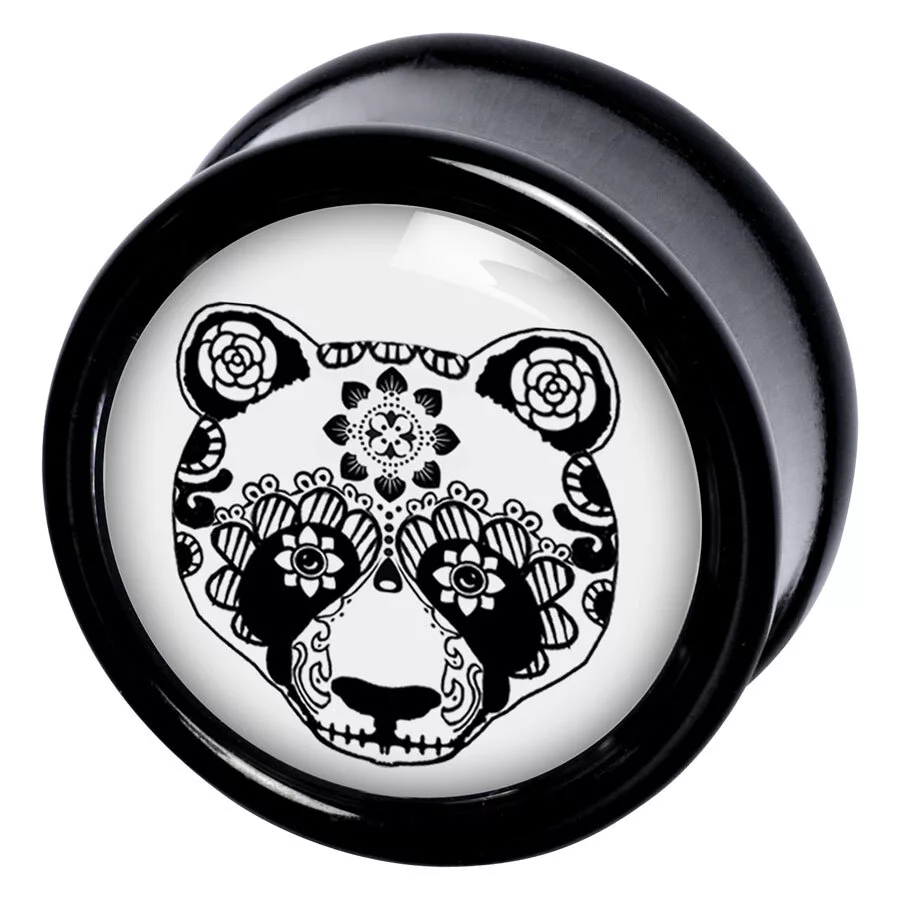 Schwarzer PMMA Plug mit Panda-Design Schwarzer Plug für das Ohr mit detailliertem Panda-Muster auf weißem Hintergrund