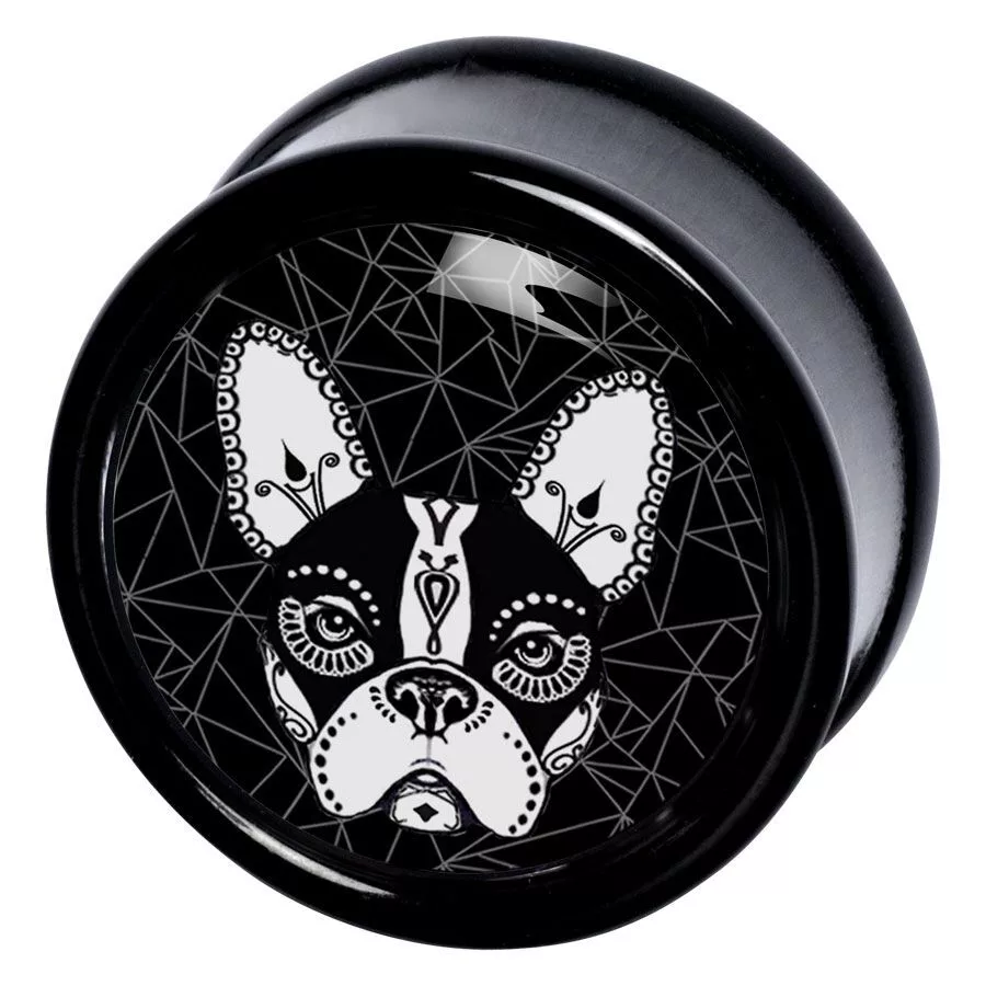 Schwarzer Plug El Bulldog mit geometrischem Design Schwarzer PMMA Plug mit Bulldoggen-Motiv und geometrischem Hintergrund
