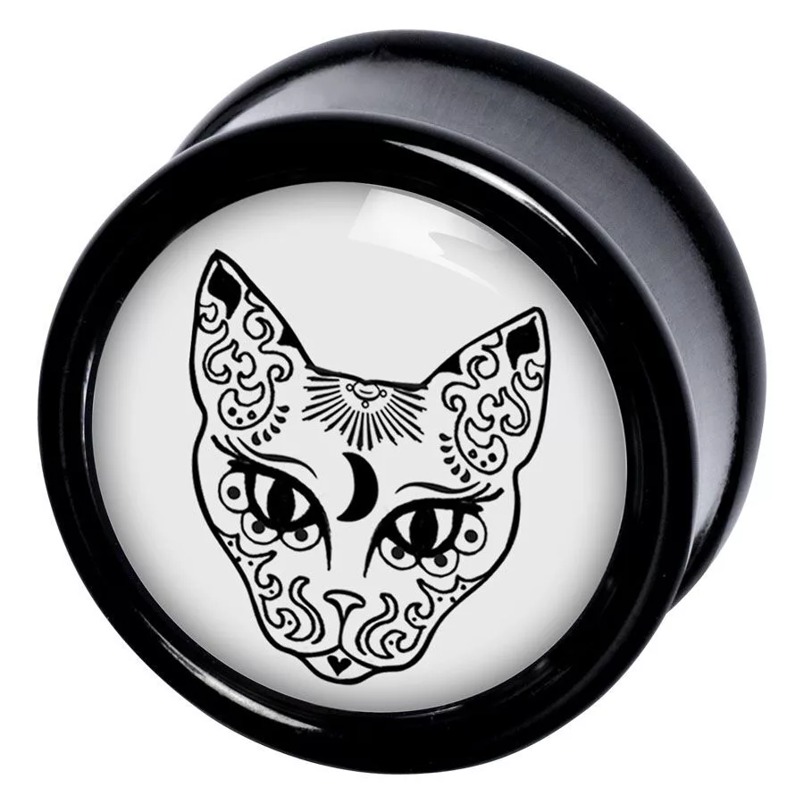 Schwarzer Plug mit Katzenmotiv, 14-28 mm Schwarzer Plug mit weißem Katzenmotiv und Ornamenten auf weißem Hintergrund