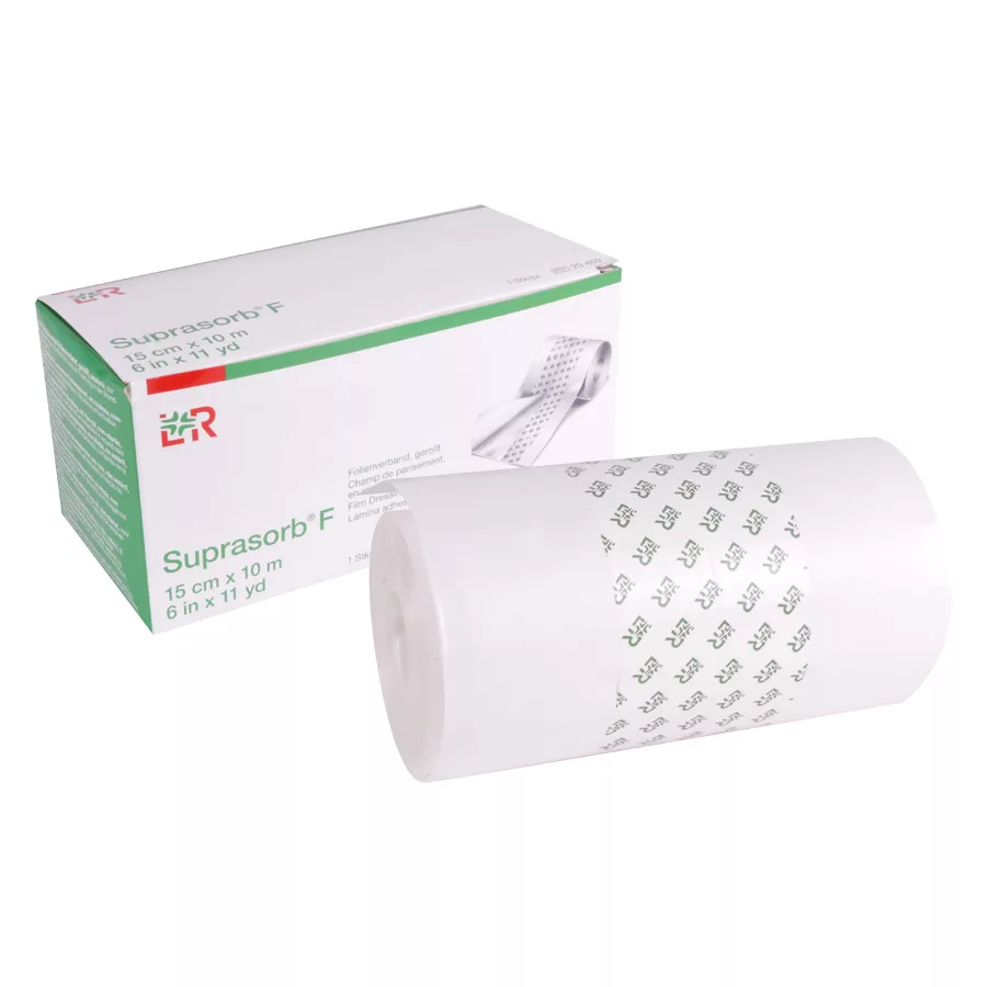 Suprasorb® Folienverband gerollt 15cm x 10m Gerollter Suprasorb® Folienverband vor Verpackung auf weißem Hintergrund
