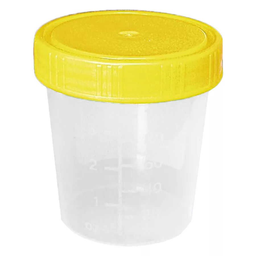 Steriler Becher 100ml, transparenter Körper mit gelbem Deckel