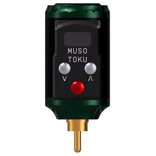 Grüner Rover R-1 RCA Akku-Pack mit schwarzem Display auf weißem Hintergrund