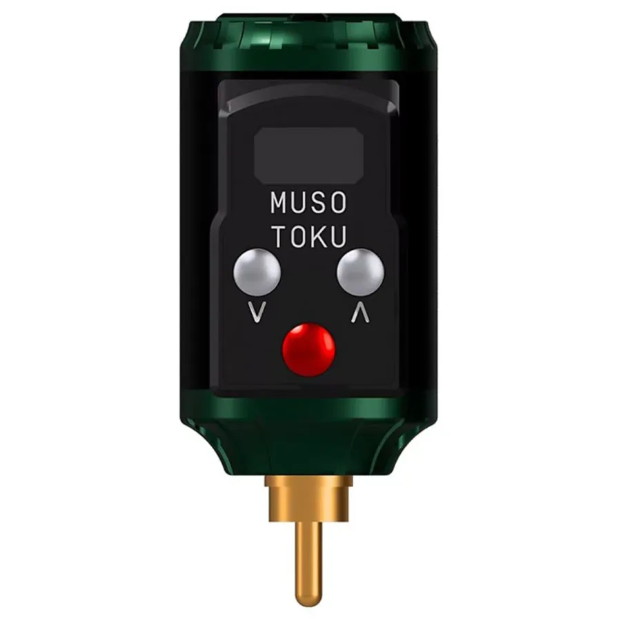 Grüner Rover R-1 RCA Akku-Pack mit schwarzem Display auf weißem Hintergrund