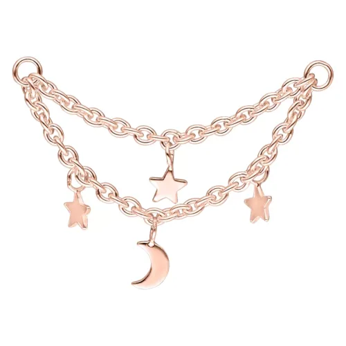 Roségoldene Piercingkette mit Mond und Sternen auf weißem Hintergrund