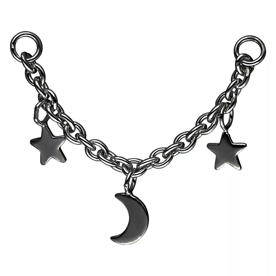 Schwarze Piercingkette mit Mond und Sternen auf weißem Hintergrund