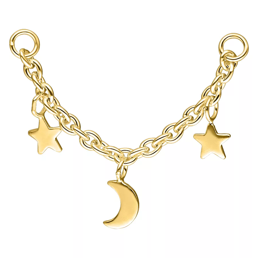 Goldene Piercingkette mit Mond und Sternen auf weißem Hintergrund
