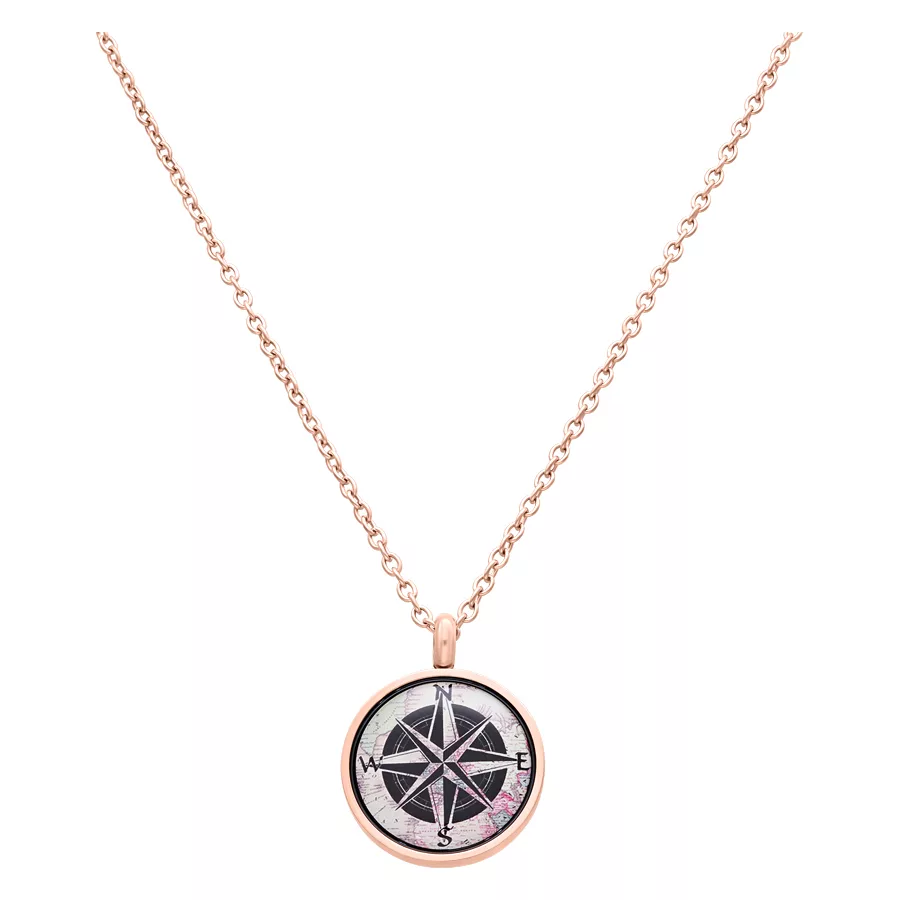 Roségoldene Kompass Map Kette aus Stahl Roségoldene Kette mit Kompass-Anhänger auf weißem Hintergrund