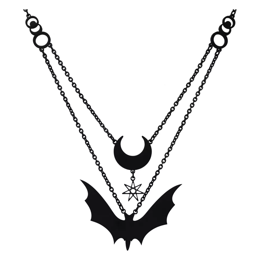 Crescent Lovers Kette in Schwarz und Gold Schwarze Kette mit Halbmond- und Fledermaus-Anhänger auf weißem Hintergrund