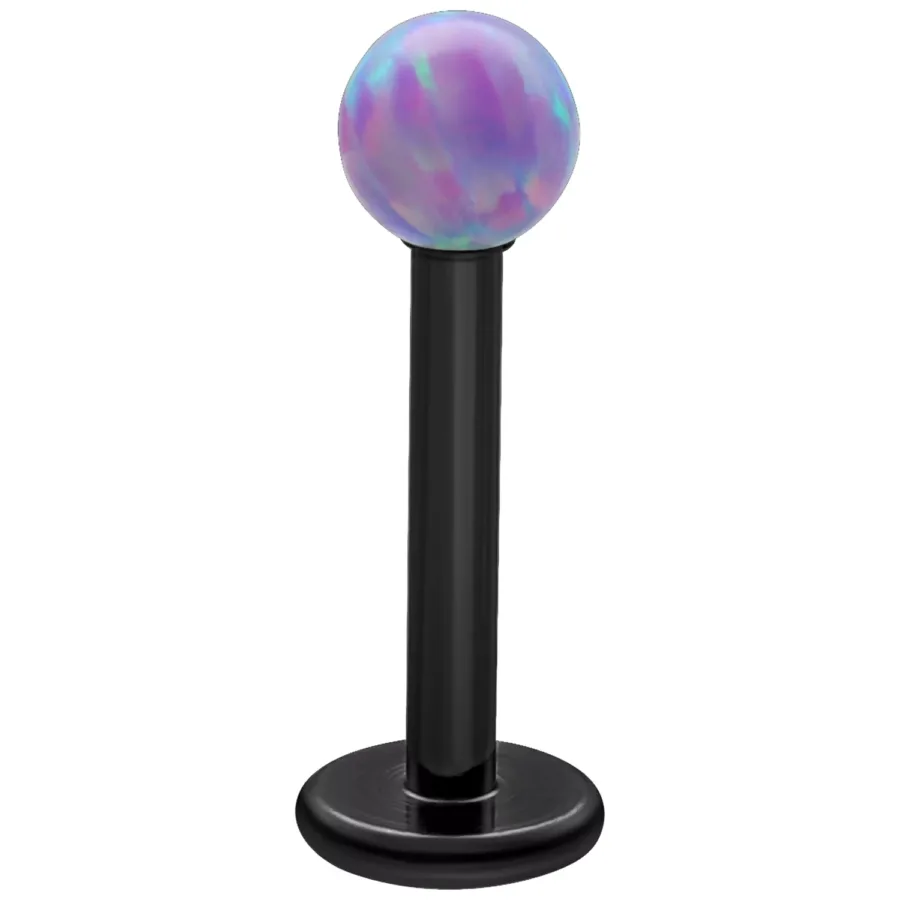 Schwarzes Titan Labret mit Light Periwinkel Opal Kugel auf weißem Hintergrund