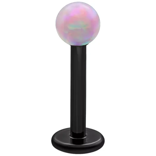 Rosa synthetischer Opal Labret mit schwarzem Titanstab auf weißem Hintergrund