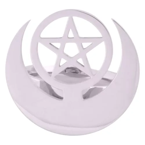 Silberner Ring mit Halbmond und Pentagramm auf weißem Hintergrund