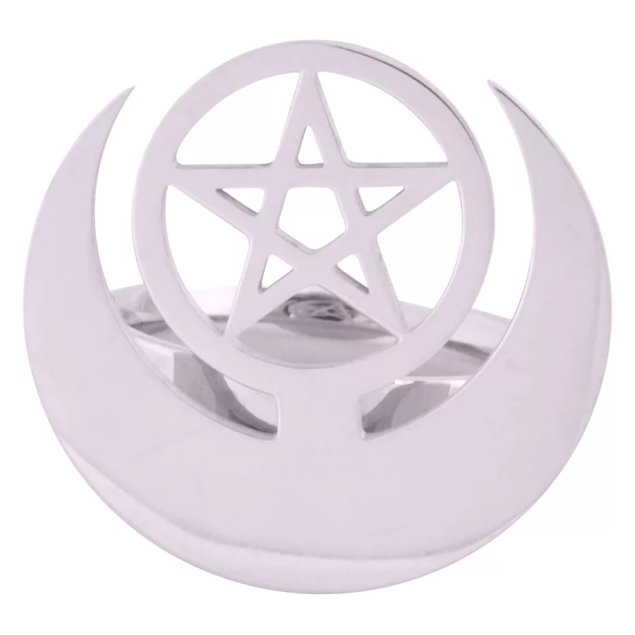Silberner Ring mit Halbmond und Pentagramm auf weißem Hintergrund