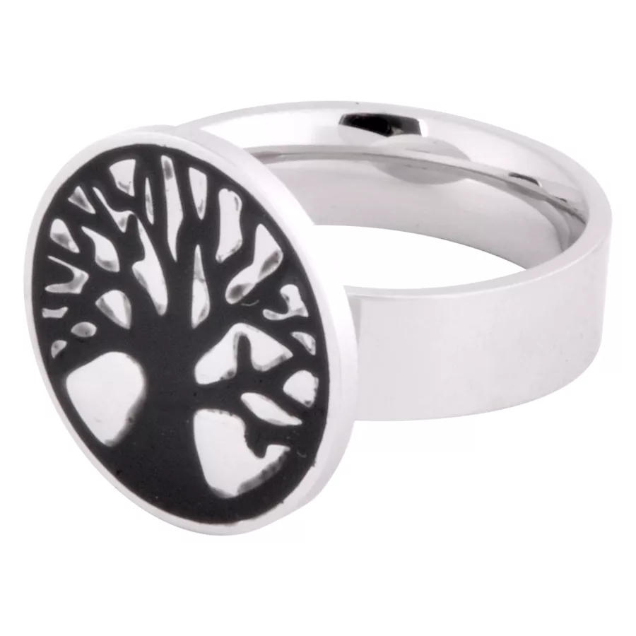 Silberner Lebensbaum-Ring aus Chirurgenstahl Silberner Ring mit schwarzem Lebensbaum-Design auf weißem Hintergrund