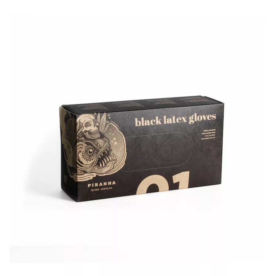 Schwarze Latexhandschuhe Piranha Box 100 Stück Schwarze Box mit Piranha-Logo, enthält 100 Latexhandschuhe