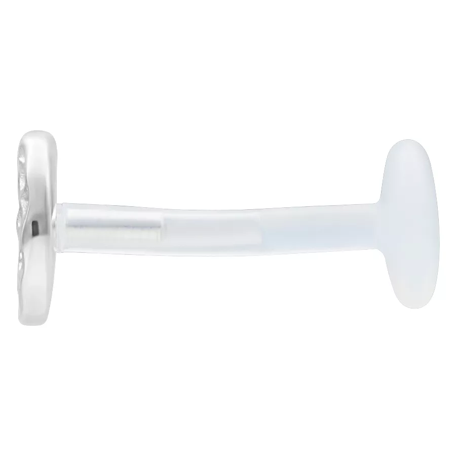 Silbernes Push Fit Labret mit großem Kreis Silbernes Labret mit gehämmertem Kreisaufsatz und transparentem Stab auf weißem Hintergrund