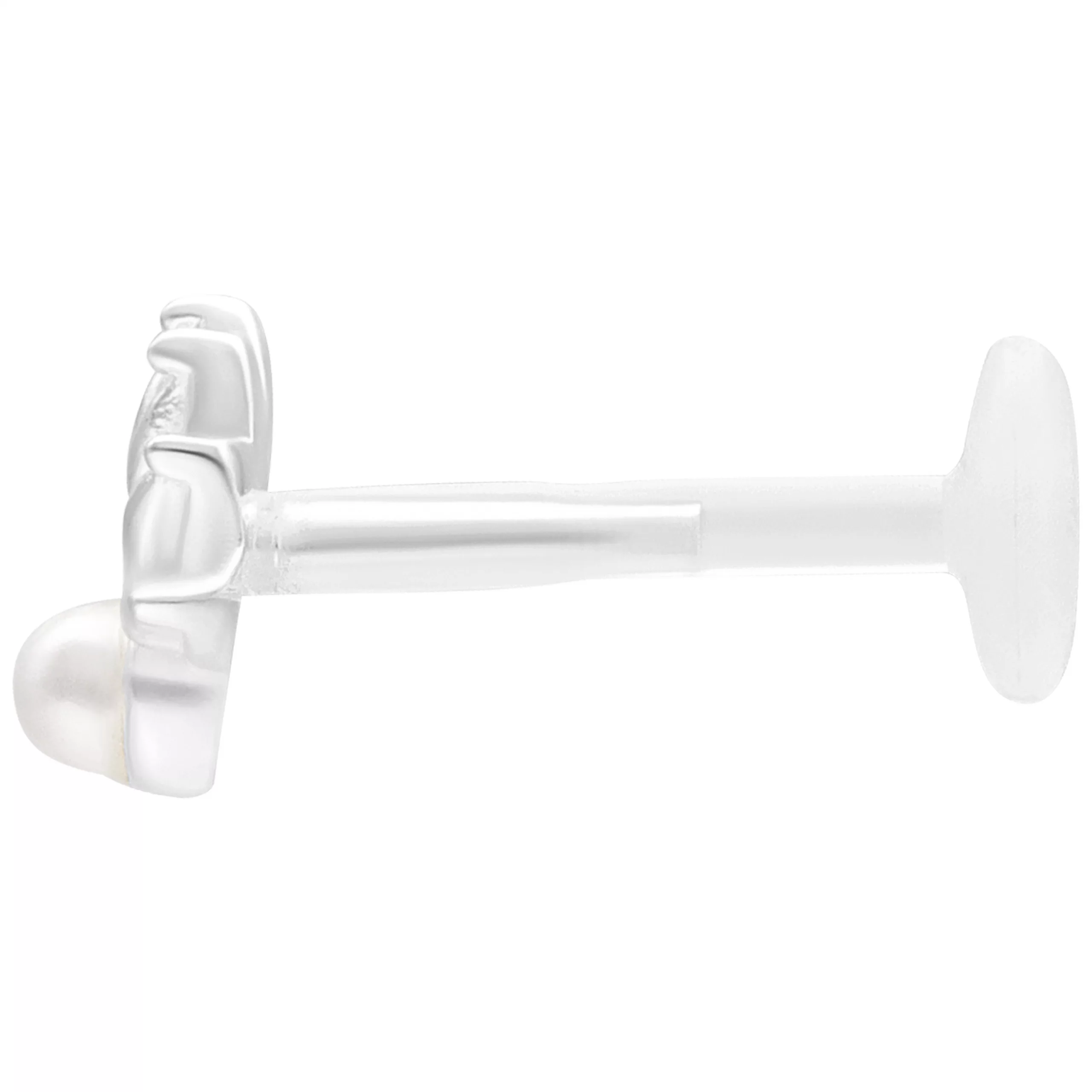 Silberner Pearl Peacock Push Fit Labret 5mm Silberfarbener Labret mit Perlenaufsatz auf weißem Hintergrund