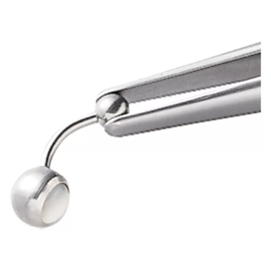 Ball Fix Zange aus Edelstahl, präzise Nahaufnahme einer silbernen Ball Fix Zange aus Edelstahl vor weißem Hintergrund