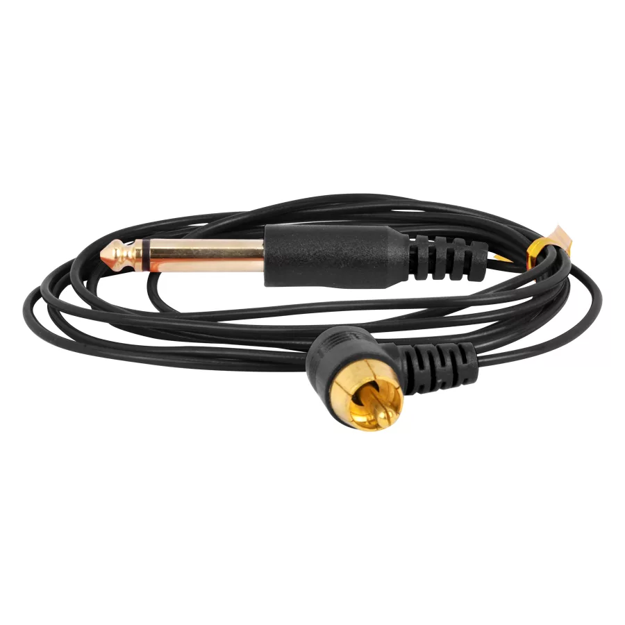 Ultra Dünnes RCA Clipcord Schwarz Schwarzes RCA Clipcord mit vergoldeten Steckern auf weißem Hintergrund