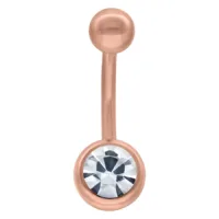 Roségoldenes Bauchnabelpiercing mit Kristall Roségoldenes Bananabell aus Titan mit klarem Kristall auf weißem Hintergrund